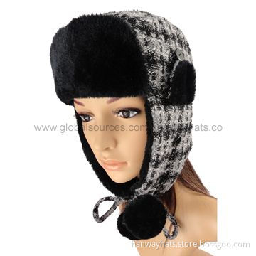 Fashionable thick plaid cute winter hat for women, with soft fake fur lining and pompoms